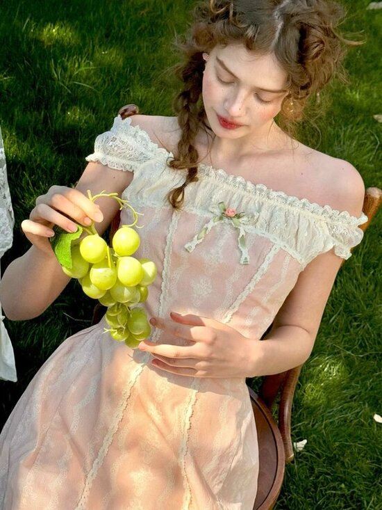 Lacemade Dresses & Skirts - Romantic Off-Shoulder Pink Lace Tea Dress